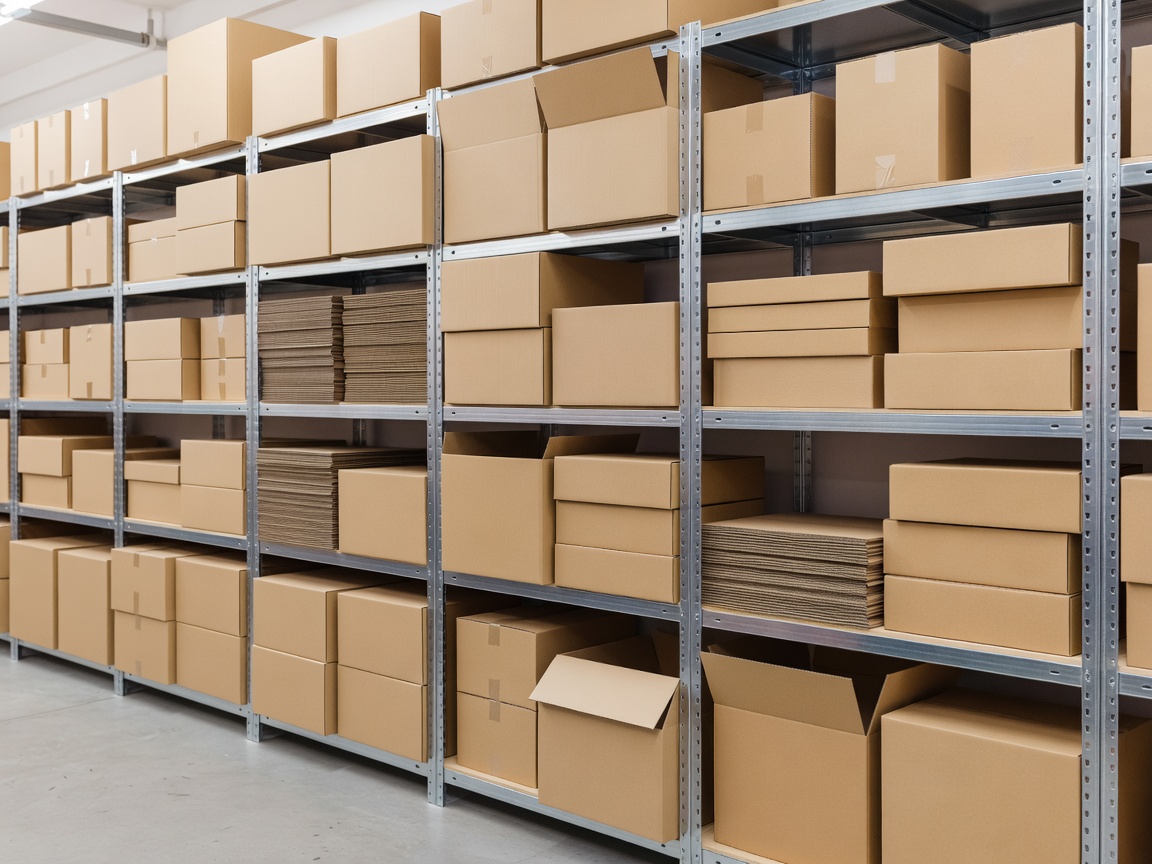 Clean used corrugated boxes sorted by size on shelves for another shipping journey