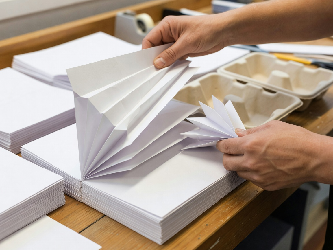 Hands separating clean folded paper cushioning and moulded fibre inserts at a packing bench