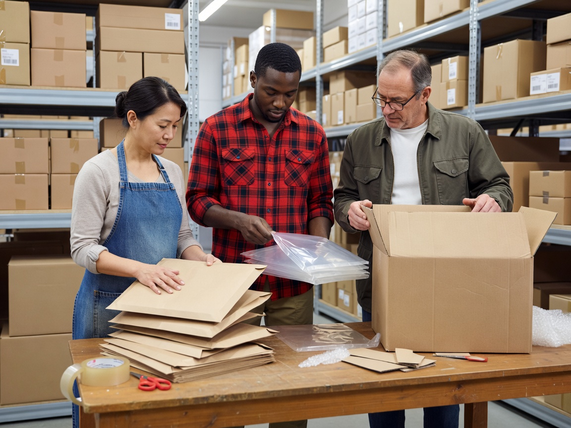 Packing team comparing paper mailers, flexible plastic mailers and a corrugated box on a worktable