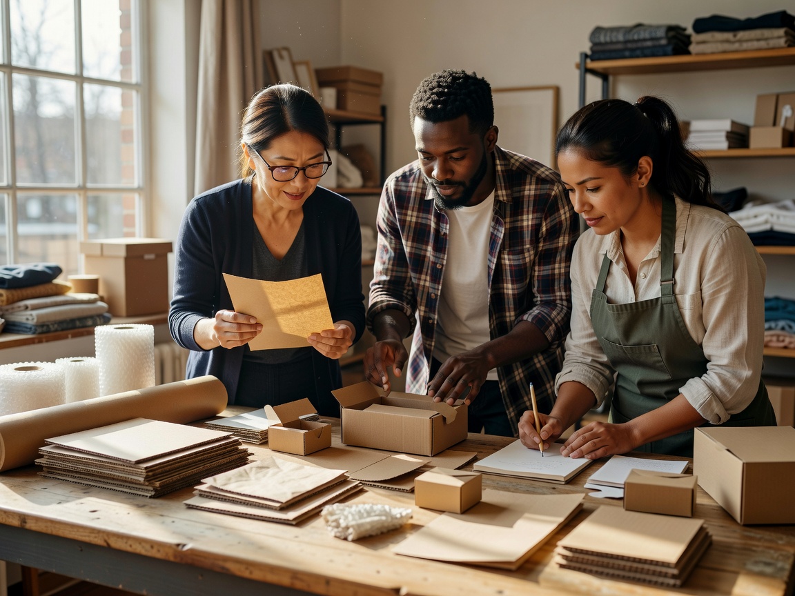Small retail team discussing packaging samples and notes at a naturally lit worktable