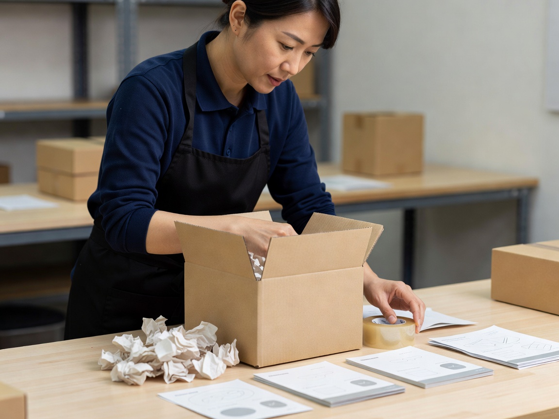 Retailer laying out a box, tape, paper filler and printed inserts to audit a typical parcel