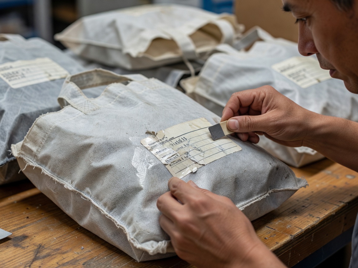 Retail employee removing an old address label from a returned reusable parcel bag