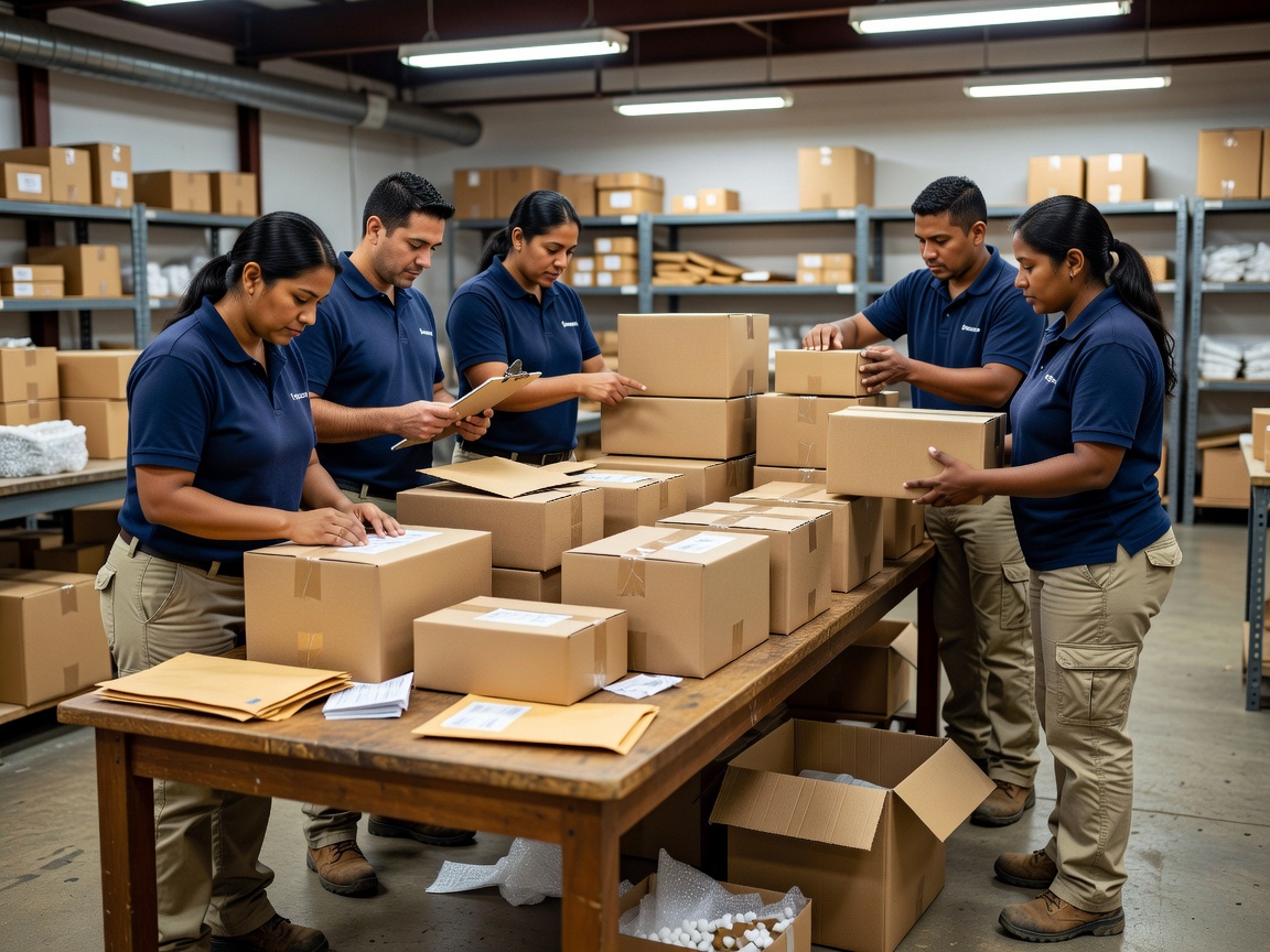 Shop team checking parcel labels and arranging a consolidated dispatch batch on a table