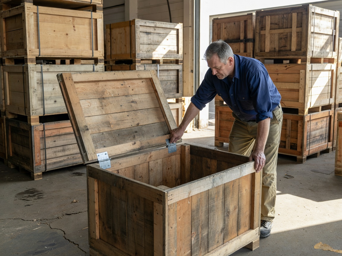Shop worker checking the hinges and interior of returnable shipping crates in daylight