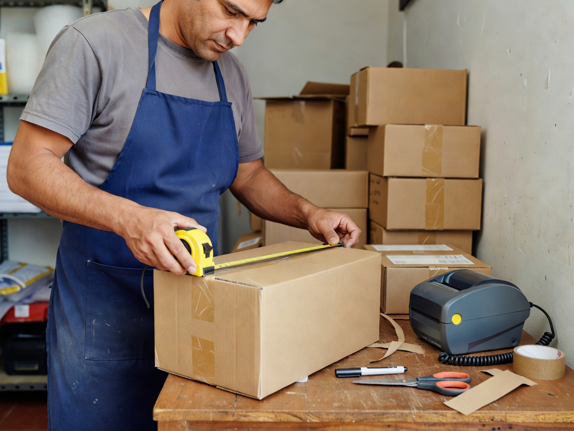 Small retailer measuring the outside of a sealed parcel before printing a shipping label